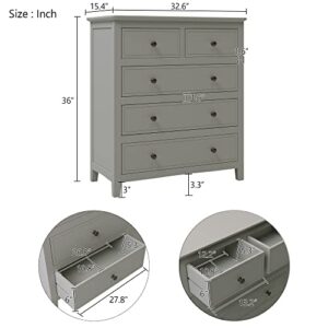 Modern Dresser Chest of Drawer, 5 Drawer Double Dresser with Silver Round Handles, Fully Assembled Storage Tower Clothes Organizer, Wood Dressers for Bedroom/Living Room/Hallway, Gray Wood Closet