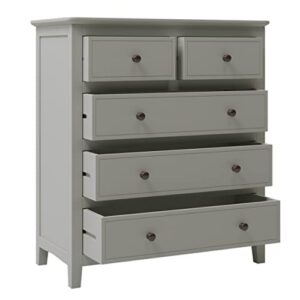 Modern Dresser Chest of Drawer, 5 Drawer Double Dresser with Silver Round Handles, Fully Assembled Storage Tower Clothes Organizer, Wood Dressers for Bedroom/Living Room/Hallway, Gray Wood Closet