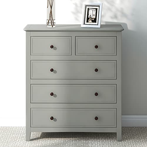 Modern Dresser Chest of Drawer, 5 Drawer Double Dresser with Silver Round Handles, Fully Assembled Storage Tower Clothes Organizer, Wood Dressers for Bedroom/Living Room/Hallway, Gray Wood Closet