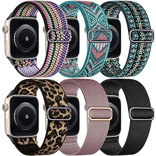 WJK Compatible with Apple Watch Band 38mm for Women Men, Sport Stretchy Nylon Straps Compatible with Apple Watch Bands 40mm 41mm 49mm 45mm 44mm 42mm for iWatch Ultra SE Series 8 7 6 5 4 3 2 1, 6 Packs