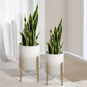 oakrain mid century planters for indoor plants, set of 2, modern decorative metal planter pots for living room, office, garden or balcony, gray and white gradient planter with stand, 8 inch & 10 inch