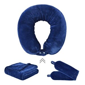 sochow travel blanket or neck pillow, 2-in-1 soft fleece blanket with neck pillowcase sets for airplane car camping and office, navy blue