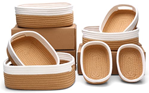 HLWDFLZ 7 Piece Cotton Rope Woven Basket Set - Woven Storage Basket Pets Toy Cotton Rope Basket for Organizing, Small Basket for Montessori, Dog Cat Toy Box, Baby Nursery (White/Jute)