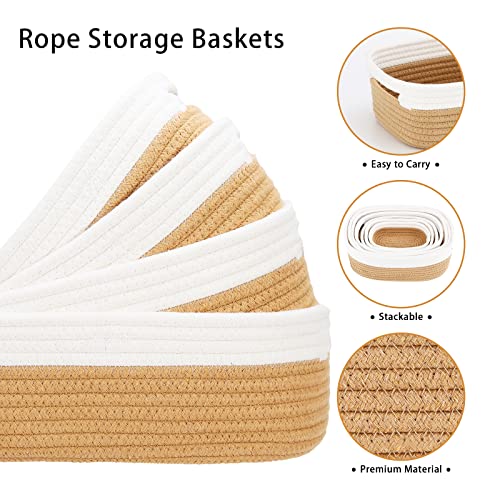 HLWDFLZ 7 Piece Cotton Rope Woven Basket Set - Woven Storage Basket Pets Toy Cotton Rope Basket for Organizing, Small Basket for Montessori, Dog Cat Toy Box, Baby Nursery (White/Jute)