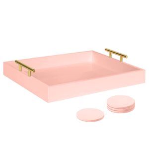 juleduo serving tray, deluxe tray for coffee table with polished metal handles and 4 coasters, living room bathroom coffee bar organizer modern decorative tray, for storage and display (pink)
