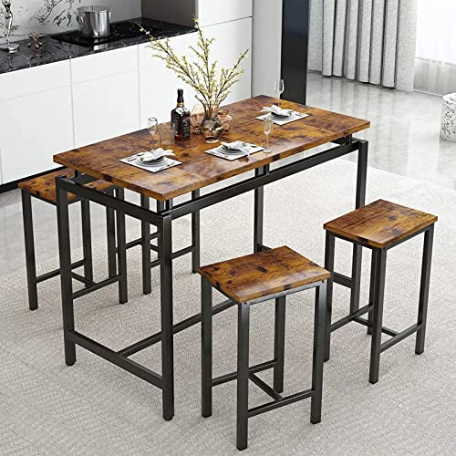 LinkRomat Dining Room Table Set, Bar Dining Table Set for 4, Industrial Kitchen Table with 4 Square Stools, 5 Piece Height Pub Dinner Table Set for 4, Bistro Table and Chairs for Small Spaces, Brown