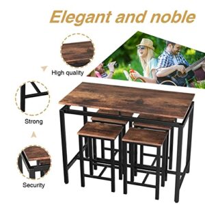 LinkRomat Dining Room Table Set, Bar Dining Table Set for 4, Industrial Kitchen Table with 4 Square Stools, 5 Piece Height Pub Dinner Table Set for 4, Bistro Table and Chairs for Small Spaces, Brown