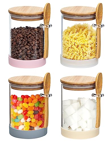 4Pack-18.5Oz,Glass Jars Containers with Bamboo Airtight Lid & Spoon, Food Storage Canister, Clear Glass Canisters for Cookie, Candy, Coffee, Sugar, Matcha Tea, Flour, Nuts & More