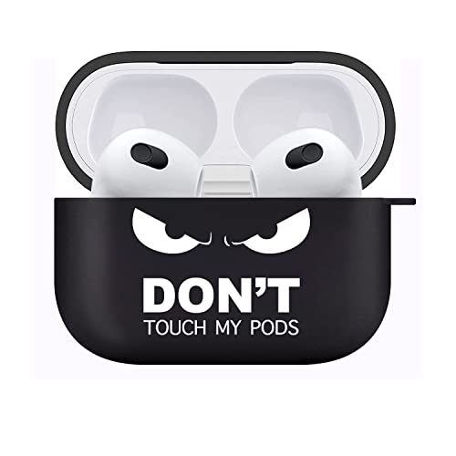 Compatible with AirPods 3 Case ‘Don't Touch My Pods’ Black Cool Cover with Keychain Big Eyes Angry Face Cute Cartoon Shockproof Airpod Cases Accessories Smooth Soft Protective Skin (for airpods 3rd)