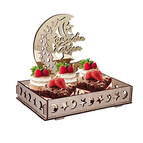 Wooden Eid Mubarak Boxwood Dessert Tray, Ramadan Kareem Moon Star Shape Tray, Holding Plate Party Serving Tableware with Eid Decoration for Dining Table