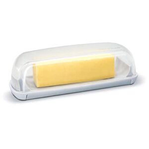 butter hub butter dish with lid, butter keeper for countertop, easy scoop, no mess lid, dishwasher safe (clear)