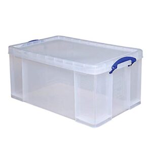 really useful clear transparent plastic storage box, 4 set of 64 liters features attached handles make it easy to carry