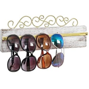 mygift vintage whitewashed wood wall mounted sunglasses rack, entryway glasses holder eyewear display with rail hanger and scrollwork brass tone metal design