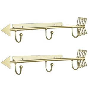 MyGift Wall Mounted Collectible Plate Saucer and Tea Cup Display Rack with 3 Hooks, Brass Tone Metal Arrow Design Decorative Wall Plate Holder, Set of 2