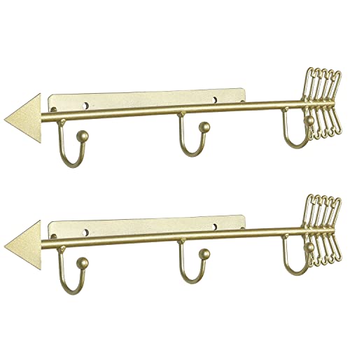MyGift Wall Mounted Collectible Plate Saucer and Tea Cup Display Rack with 3 Hooks, Brass Tone Metal Arrow Design Decorative Wall Plate Holder, Set of 2