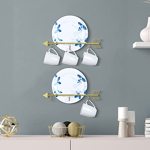 MyGift Wall Mounted Collectible Plate Saucer and Tea Cup Display Rack with 3 Hooks, Brass Tone Metal Arrow Design Decorative Wall Plate Holder, Set of 2