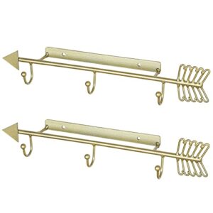 MyGift Wall Mounted Collectible Plate Saucer and Tea Cup Display Rack with 3 Hooks, Brass Tone Metal Arrow Design Decorative Wall Plate Holder, Set of 2