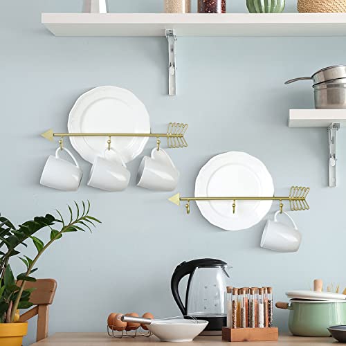 MyGift Wall Mounted Collectible Plate Saucer and Tea Cup Display Rack with 3 Hooks, Brass Tone Metal Arrow Design Decorative Wall Plate Holder, Set of 2