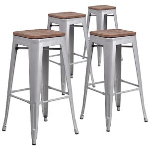 flash furniture lily 4 pack 30" high backless silver metal barstool with square wood seat