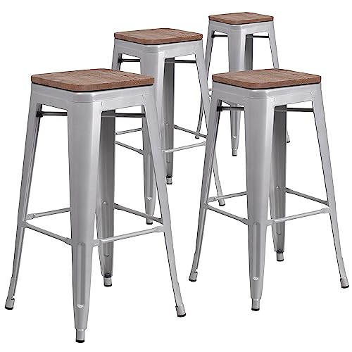 Flash Furniture Lily 4 Pack 30" High Backless Silver Metal Barstool with Square Wood Seat