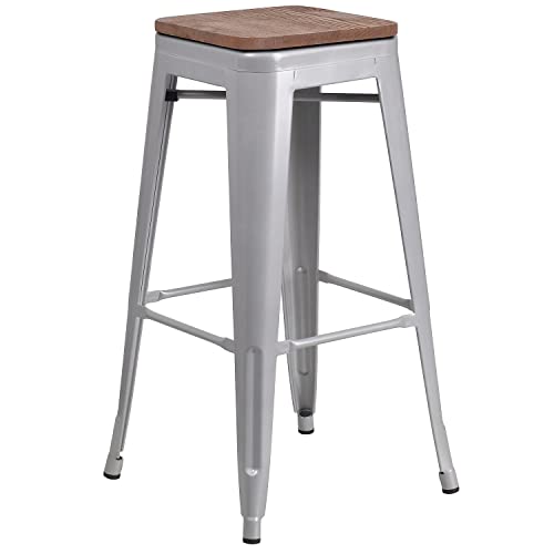 Flash Furniture Lily 4 Pack 30" High Backless Silver Metal Barstool with Square Wood Seat