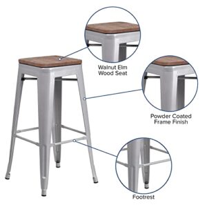 Flash Furniture Lily 4 Pack 30" High Backless Silver Metal Barstool with Square Wood Seat