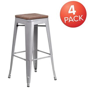Flash Furniture Lily 4 Pack 30" High Backless Silver Metal Barstool with Square Wood Seat