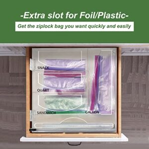 Acrylic Ziplock Bag Storage Organizer, EFOBO Foil Plastic Wrap Ziplock Bag Organizer, Food Storage Baggie Organizer with Foil Dispenser, Drawer Baggie Holder for Gallon, Quart, Snack & Sandwich Bags