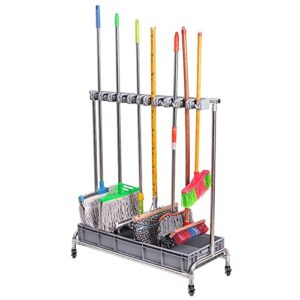 wxzx broom holder organizer,broom and mop put wet mops movable floor-mounted rack floor standing cleaning tool cart storage,5 racks 6 hooks,for garden garage schools,hospitals,factories,hotels