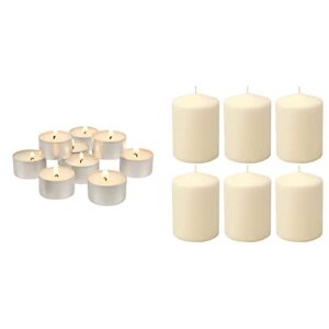 stonebriar long burning tea light candles, 6 to 7 hour extended burn time, white, unscented, bulk 200-pack (sm-tl200) & 35 hour long burning unscented pillar candles, 3x4, ivory