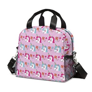 insulated lunch bag for boys girls, leakproof reusable kids lunch box container with detachable buckled handle, portable cooler lunch tote with side pocket for work school outdoor adult (pink unicorn)
