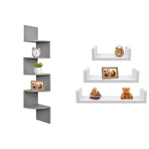 greenco 5 tier wall mount corner shelves gray finish & set of 3 floating “u” shelves, easy-to-assemble floating wall mount shelves for bedrooms and living rooms, white finish