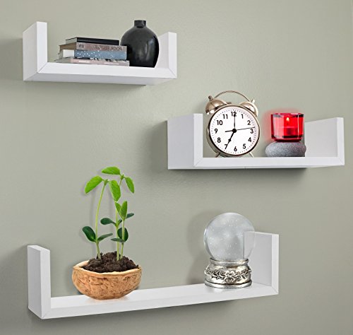 Greenco 5 Tier Wall Mount Corner Shelves Gray Finish & Set of 3 Floating “U” Shelves, Easy-to-Assemble Floating Wall Mount Shelves for Bedrooms and Living Rooms, White Finish