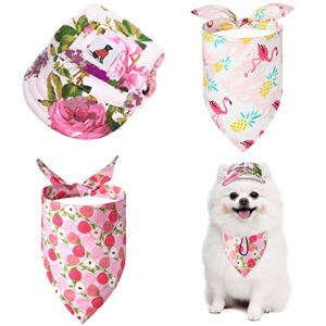3 pieces dog baseball cap bandanas set, included 1 adjustable dog sun protection hat with ear holes and 2 pink doggie summer cat bandana puppy summer costume supplies for small dogs puppies pet, small