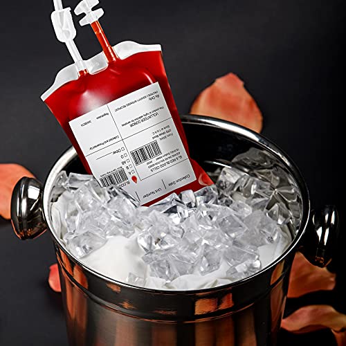 Blood Bags for Drinks, MGparty 80 Packs Blood IV Bags for Halloween Party Decoration Drink Container Juice Pouch Prop for Zombie Vampire Theme Party Props (80pcs Bags, 80 Labels, 80 Clips, 6 Syringes)