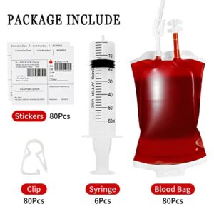 Blood Bags for Drinks, MGparty 80 Packs Blood IV Bags for Halloween Party Decoration Drink Container Juice Pouch Prop for Zombie Vampire Theme Party Props (80pcs Bags, 80 Labels, 80 Clips, 6 Syringes)