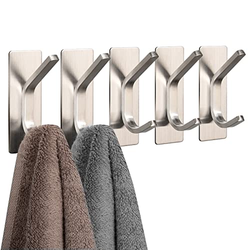 NearMoon Adhesive Hooks, Stainless Steel Bath Towel Holders No Drilling Rustproof Wall Hooks for Coat Bag Key Hat, Stick on Wall Robe Hangers for Bathroom Livingroom Kitchen, 5 Pack (Brushed Nickel)