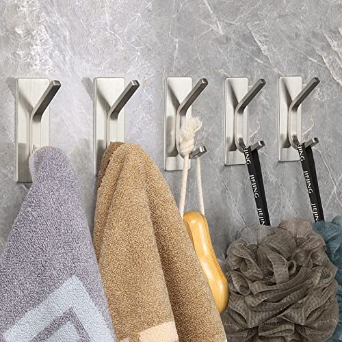 NearMoon Adhesive Hooks, Stainless Steel Bath Towel Holders No Drilling Rustproof Wall Hooks for Coat Bag Key Hat, Stick on Wall Robe Hangers for Bathroom Livingroom Kitchen, 5 Pack (Brushed Nickel)