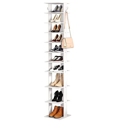 HOMEFORT 10-Tier Vertical Shoe Rack, Corner Shoe Tower, Slim Shoe Organizer with Two Hanging Hooks, Wooden Shoe Storage Stand for Entryway, Hallway, Closet (White)