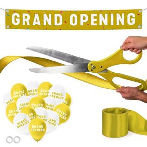 nashira ribbon cutting ceremony kit, 25 inch giant scissors with gold satin ribbon, grand opening banner & balloons - heavy duty metal for special events, inaugurations ceremonies gold,white,red