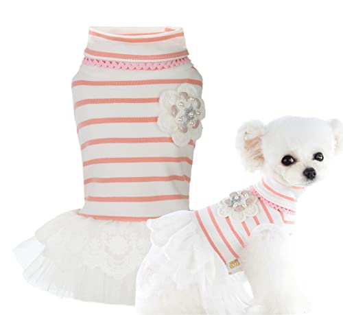 MSNFOASM Pet Dog Pink Stripe Dog Dress,Dog Tutu Lace Skirt Wedding Dress for Small Girl Dogs Cats（Pink Stripe M）