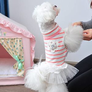 MSNFOASM Pet Dog Pink Stripe Dog Dress,Dog Tutu Lace Skirt Wedding Dress for Small Girl Dogs Cats（Pink Stripe M）