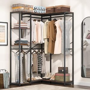 tribesigns l shaped closet organizer, freestanding corner clothes garment rack with 4 hanging rods and open shelves, heavy duty metal clothing rack wardrobe storage closet for bedroom, rustic brown