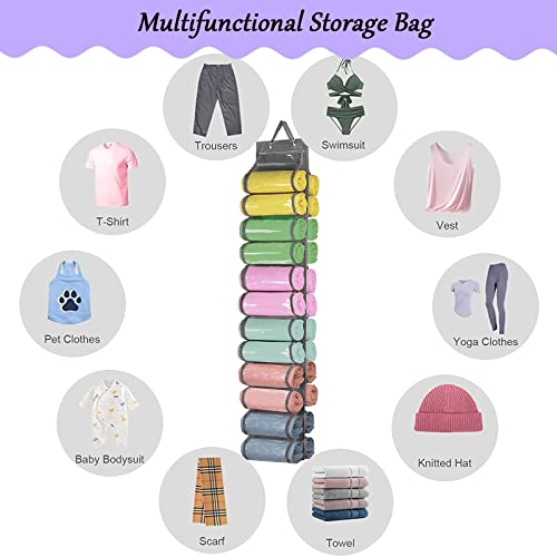Legging Organizer Storage, T-Shirt Organizer, Foldable Hanging Closet Organizer, Hanging Clothes Organizer with 24 Roll Compartments for Yoga Clothes, Pants, Tank Top, Towel, Underwear, Shirt (Grey)