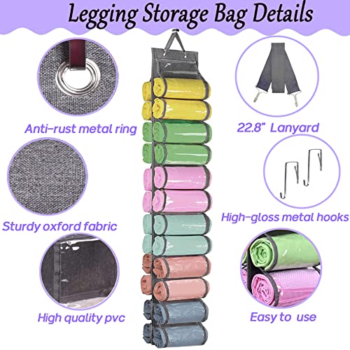 Legging Organizer Storage, T-Shirt Organizer, Foldable Hanging Closet Organizer, Hanging Clothes Organizer with 24 Roll Compartments for Yoga Clothes, Pants, Tank Top, Towel, Underwear, Shirt (Grey)