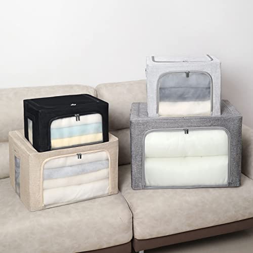 2 Pack Clothes Storage Bins - Foldable Metal Frame Storage Box with Mesh Windows - Stackable Linen Fabric Organizer Set with Carrying Handles