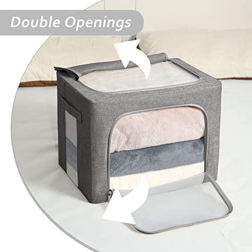 2 Pack Clothes Storage Bins - Foldable Metal Frame Storage Box with Mesh Windows - Stackable Linen Fabric Organizer Set with Carrying Handles