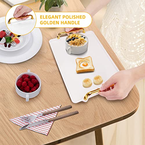 Serving Tray with Handles, 2 Pack (16inches & 12inches) White Plastic Serving Trays for Breakfast, Decorative Trays with Gold Handles for Coffee Table & Living Room