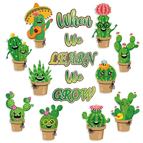 Whaline 45Pcs Cactus Cutouts Back to School Potted Succulent Classroom Decor Summer Green Cactus Cut-Outs When We Learn We Grow Bulletin Board Decor with 100Pcs Glue Points for School DIY Projects