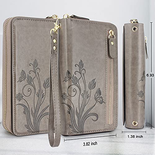 Lacass Compatible with Moto G Stylus 5G 2022 XT2215 Crossbody Chain Dual Zipper Detachable Magnetic Leather Wallet Case Cover Wristlets Wrist Strap 13 Card Slots Money Pocket (Floral Gray)